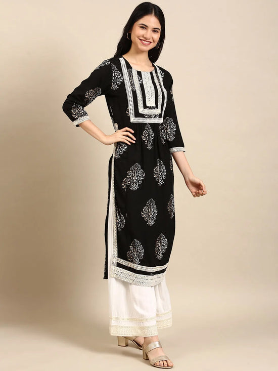 Women's Black Floral Kurta Set-GW-1655-Black