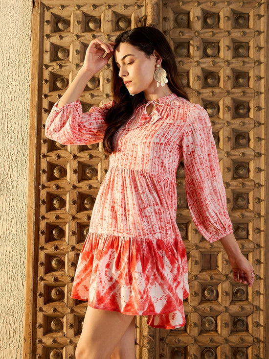 Balloon Sleeve Layered Mini Dress in Peach Tie & Dye-TP0477TD22