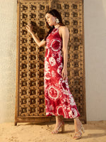 Tie up neck with tassels Maxi Dress in Maroon Tie & Dye-TP0551TD5