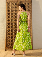 Tie up neck with tassels Maxi Dress in Lime Green Tie & Dye-TP0551TD11