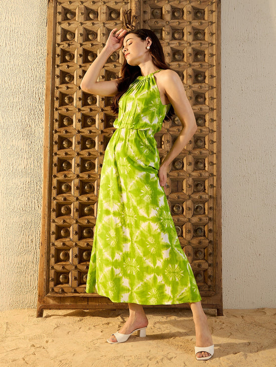 Tie up neck with tassels Maxi Dress in Lime Green Tie & Dye-TP0551TD11