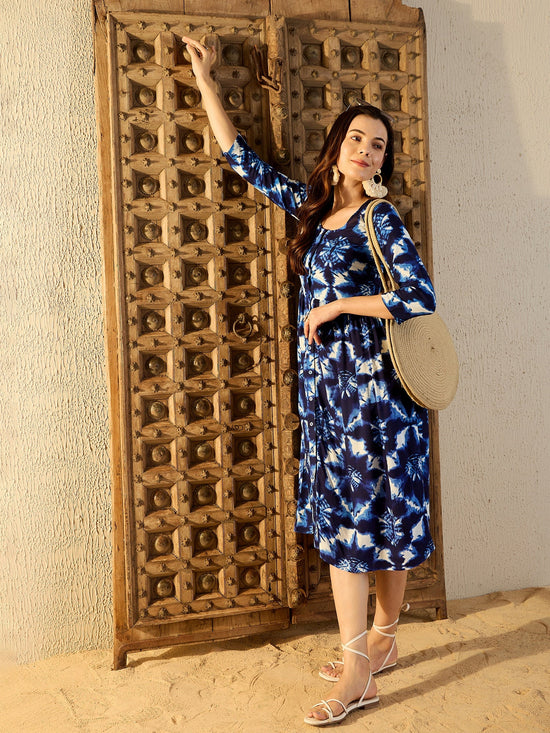 Front button down Midi Dress in Blue Tie & Dye-TP0489TD10