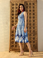 Over lap neck Midi Dress in Blue Tie & Dye-TP0457TD21