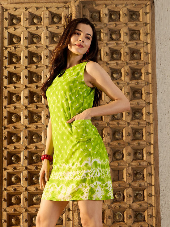 Kurta Neck Mini Dress with Side Pockets in Lime Green Tie & Dye-TP0552TD3