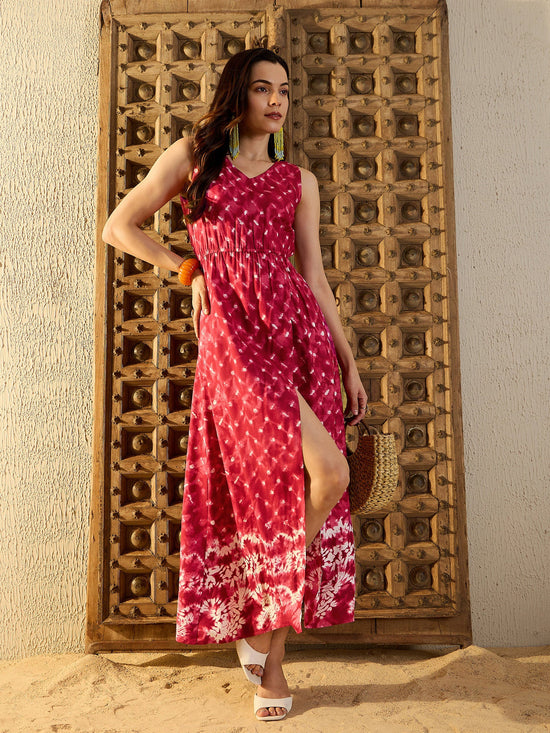 Overlap Front open Maxi Dress  in Maroon Tie & Dye-TP0291TD4