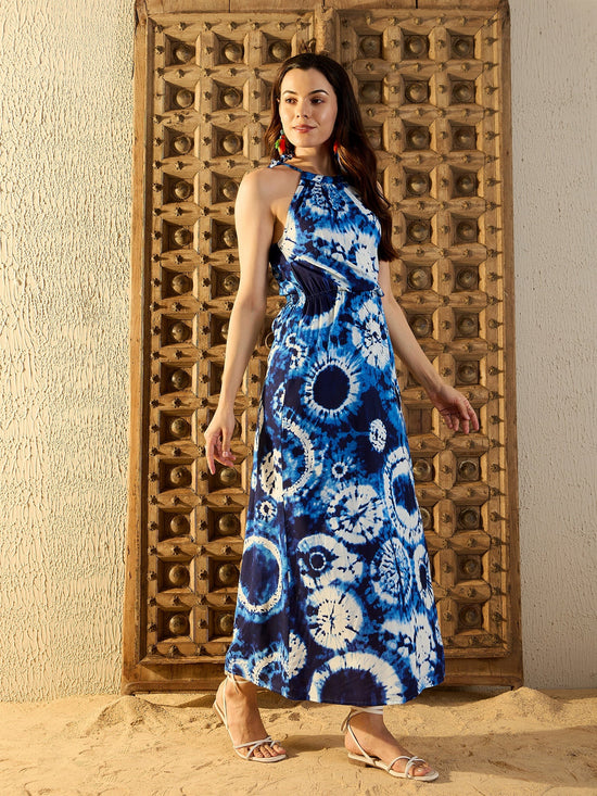 Tie up neck with tassels Maxi Dress in Blue Tie & Dye-TP0551TD7