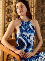 Tie up neck with tassels Maxi Dress in Blue Tie & Dye-TP0551TD7