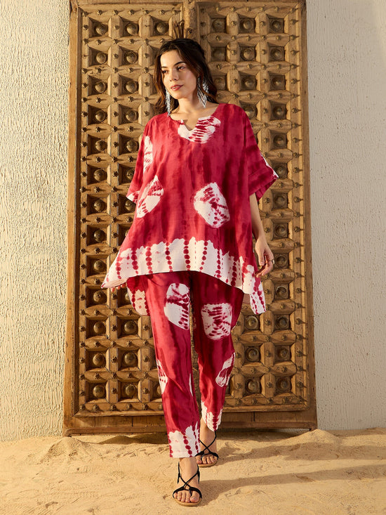 Anti Fit Kaftan with Pants in Maroon Tie & Dye-TP0540TD13