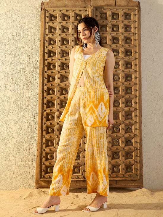 One button front open Top with Pants in Yellow Tie & Dye-TP0548TD23