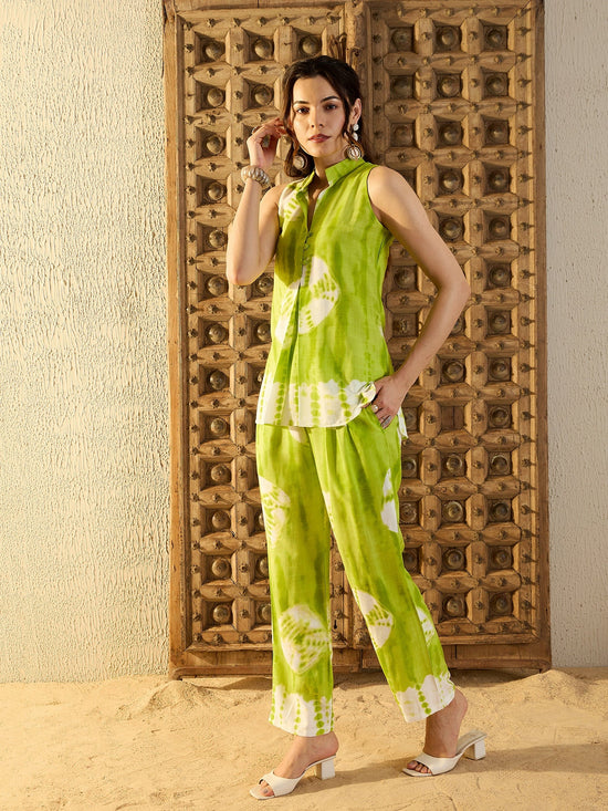 Sleeveless Box Pleat Top with Pants Co-Ord Set in Lime Green Tie & Dye-TP0547TD14