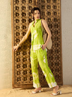 Sleeveless Box Pleat Top with Pants Co-Ord Set in Lime Green Tie & Dye-TP0547TD14