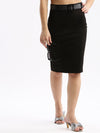 Women Solid Black Pencil Midi Skirt with Belt-2003-Black