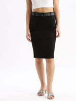 Women Solid Black Pencil Midi Skirt with Belt-2003-Black