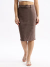 Women Solid Grey Pencil Midi Skirt with Belt-2003-Grey