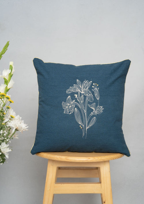 Iris Printed 100% cotton floral cushion cover for sofa with sequence- Night Blue-230854148