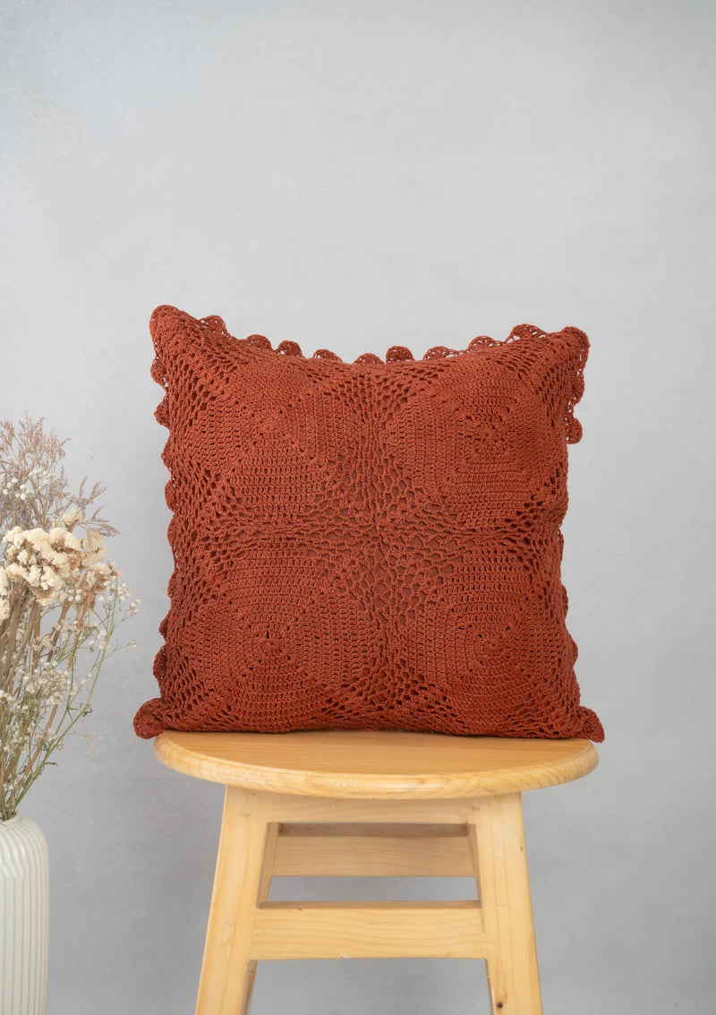 Terracotta Crochet 100% cotton cushion cover for sofa - Red-230854161