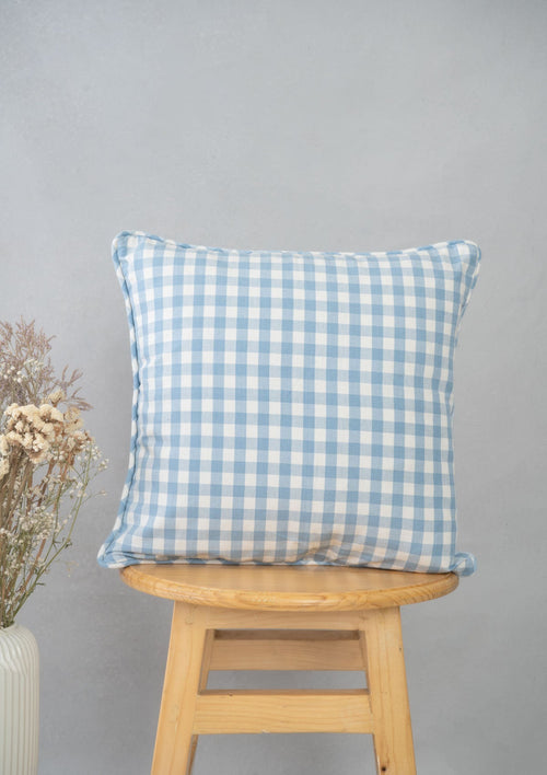 Gingham Woven 100% cotton geometric cushion cover for sofa - Powder Blue-230854166