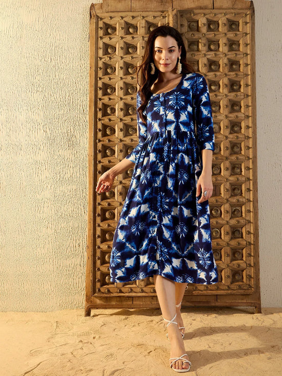 Front button down Midi Dress in Blue Tie & Dye-TP0489TD10