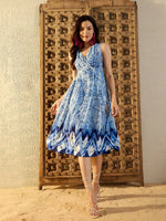 Over lap neck Midi Dress in Blue Tie & Dye-TP0457TD21