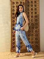 Sleeveless Box Pleat Top with Pants Co-Ord Set in Blue Tie & Dye-TP0547TD21