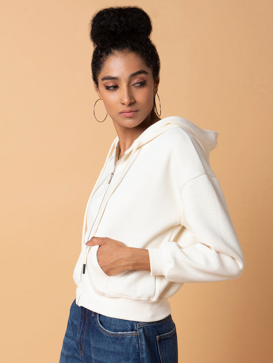 Women Solid Cream Hooded Sweatshirt-208-Cream