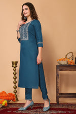 Avanshee Women's Latest Embroidred Cotton Blend Kurta, Pant With Dupatta-ES-7513-Rama