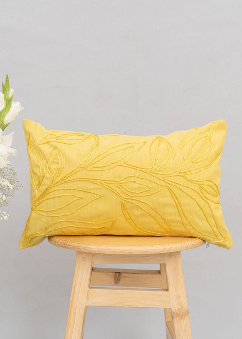 Leafy Affair 100% cotton embroidered cushion cover for sofa - Yellow-230452120