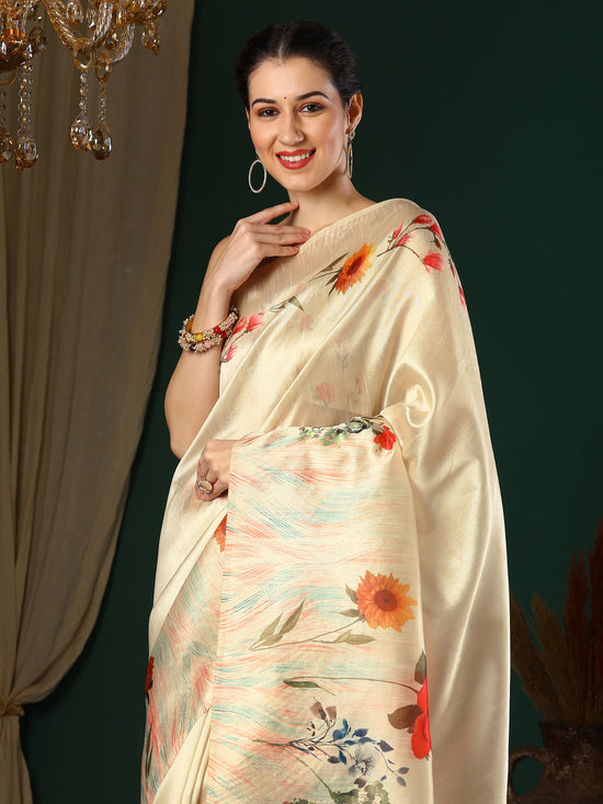 Saree Mall Women's Art  Cream Printed Designer Saree With Blouse Piece-22KAVI2202