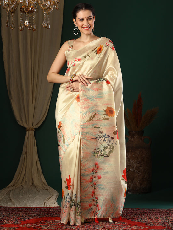 Saree Mall Women's Art  Cream Printed Designer Saree With Blouse Piece-22KAVI2202