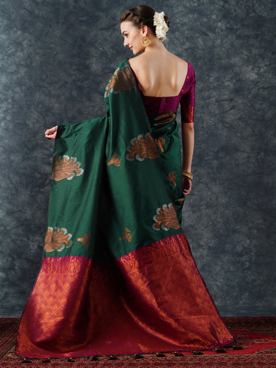 Saree Mall Women's  Blend Green Woven Design Designer Saree With Blouse Piece-22PAKHI2201