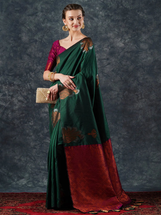 Saree Mall Women's  Blend Green Woven Design Designer Saree With Blouse Piece-22PAKHI2201