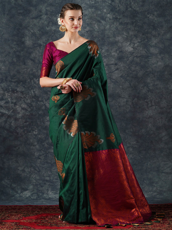 Saree Mall Women's  Blend Green Woven Design Designer Saree With Blouse Piece-22PAKHI2201