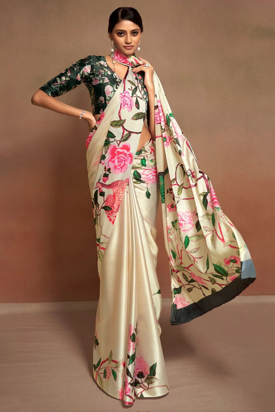 Avanshee Women's Latest Bollywood Floral Printed Satin Saree With Unstiched Blouse-AVN-8090-CREAM