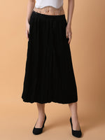 Women Solid Black Flared Midi Skirt-2315-Black