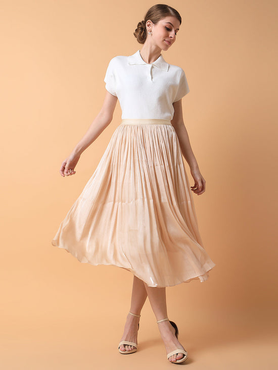 Women Solid Cream Flared Midi Skirt-2315-Cream