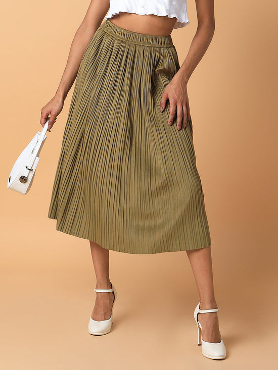 Women Solid Olive Flared Midi Skirt-2315-Olive