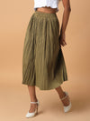 Women Solid Olive Flared Midi Skirt-2315-Olive