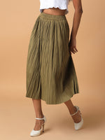 Women Solid Olive Flared Midi Skirt-2315-Olive