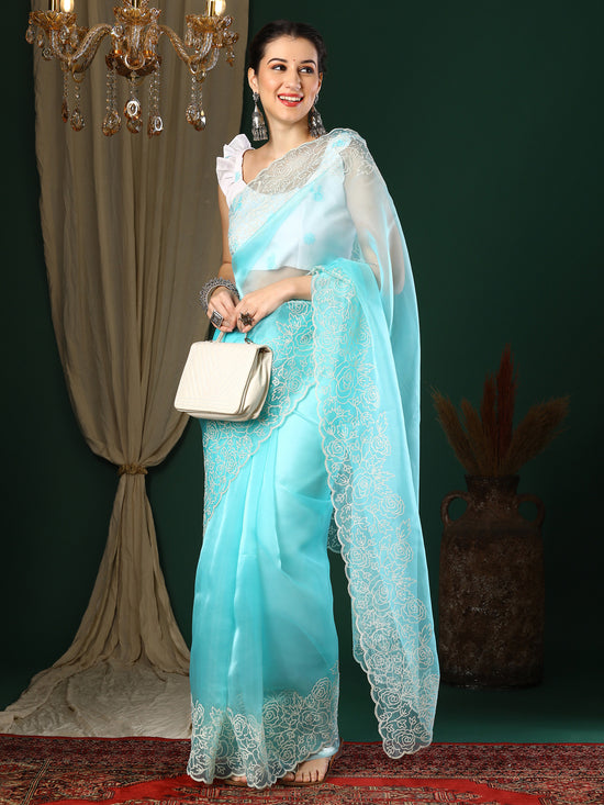 Saree Mall Women's Organza Light Blue Embroidered Designer Saree With Blouse Piece-23KAVI2302