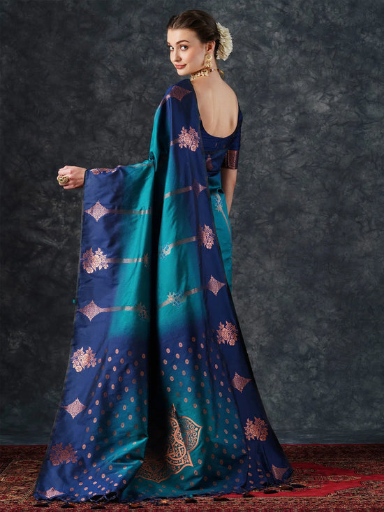 Saree Mall Women's  Blend Teal Blue Woven Design Designer Saree With Blouse Piece-23PAKHI2308