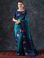 Saree Mall Women's  Blend Teal Blue Woven Design Designer Saree With Blouse Piece-23PAKHI2308