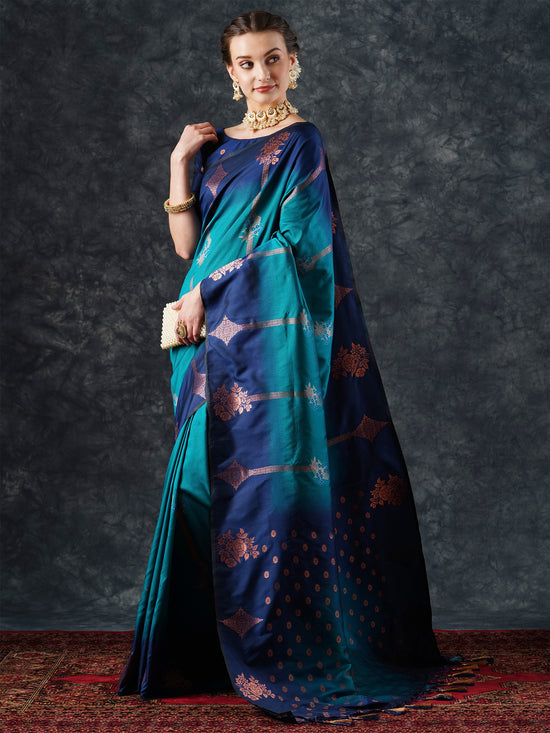 Saree Mall Women's  Blend Teal Blue Woven Design Designer Saree With Blouse Piece-23PAKHI2308