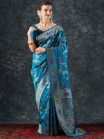 Saree Mall Women's  Blend Blue Woven Design Designer Saree With Blouse Piece-23PAKHI2313