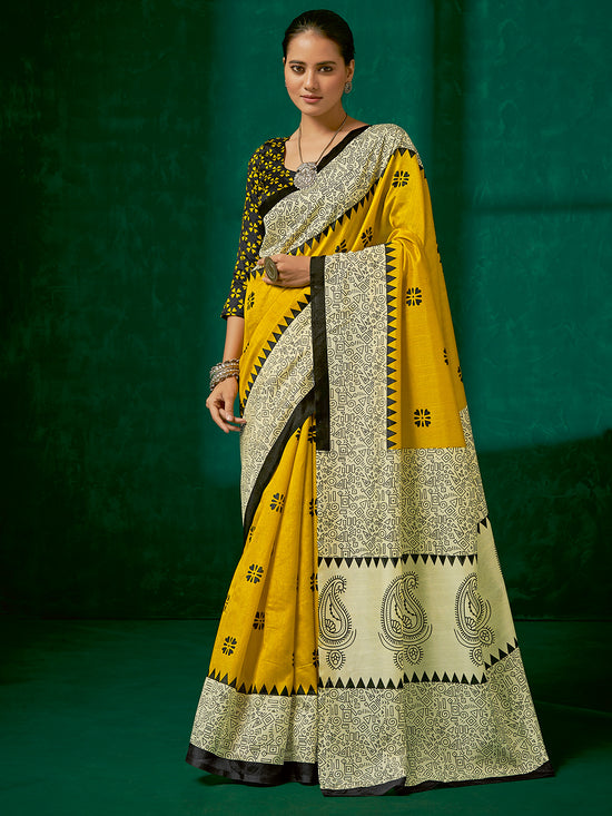 Saree Mall Women's Bhagalpuri  Yellow Printed Designer Saree With Blouse Piece-23WOM23909