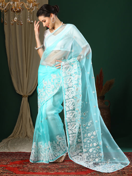 Saree Mall Women's Organza Light Blue Embroidered Designer Saree With Blouse Piece-24KAVI2402