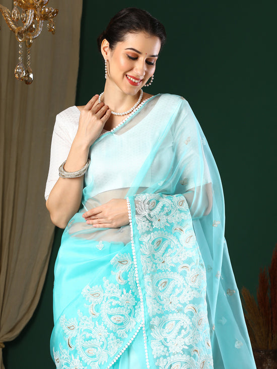 Saree Mall Women's Organza Light Blue Embroidered Designer Saree With Blouse Piece-24KAVI2402