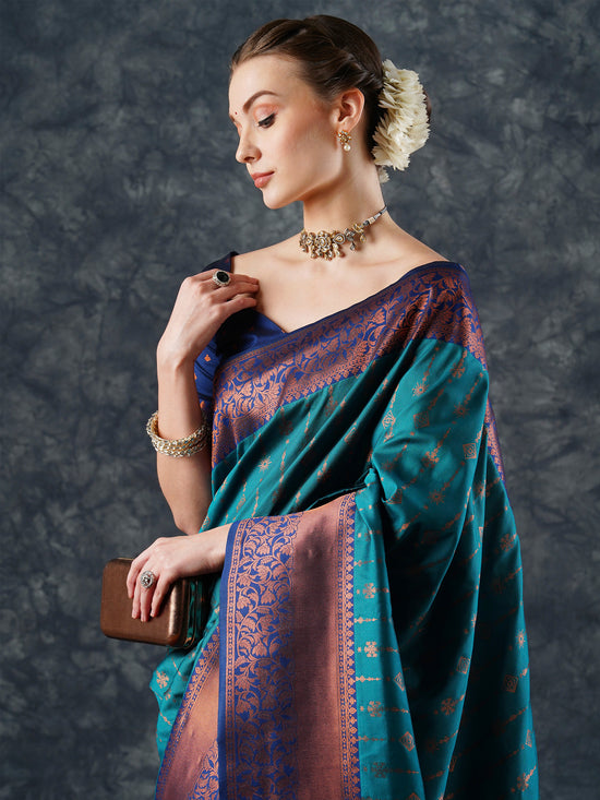 Saree Mall Women's  Blend Teal Blue Woven Design Designer Saree With Blouse Piece-24PAKHI2401