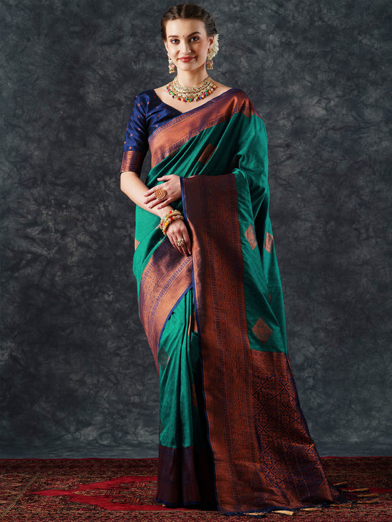 Saree Mall Women's  Blend Teal Blue Woven Design Designer Saree With Blouse Piece-24PAKHI2404