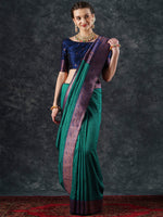 Saree Mall Women's  Blend Teal Blue Woven Design Designer Saree With Blouse Piece-24PAKHI2411