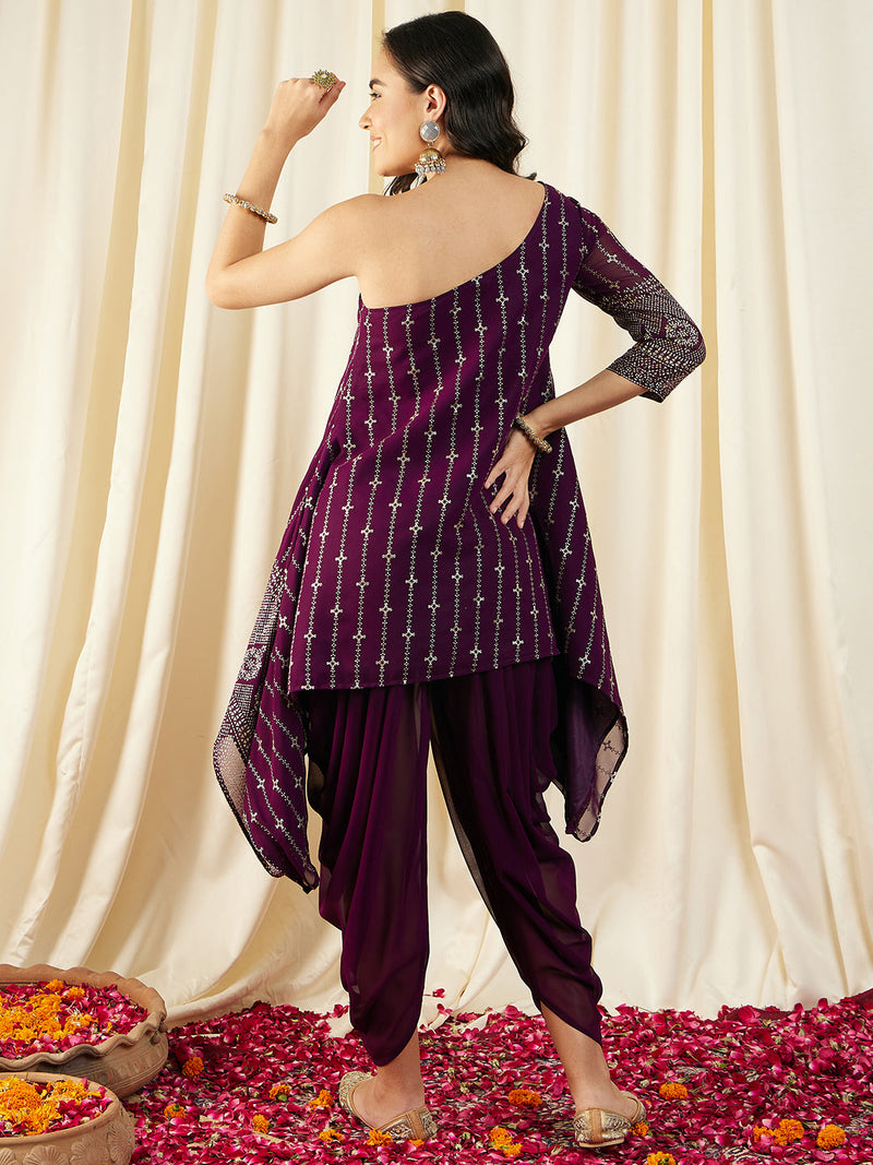 One Shoulder Assymettric Top with Dhoti Pants in Purple Color